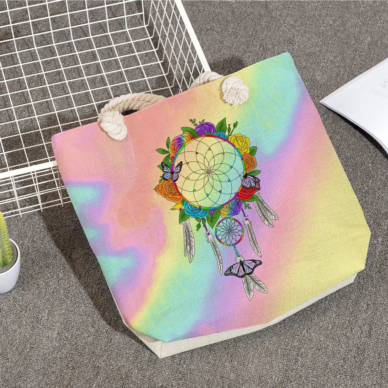 Beach Tote Bag Dream Catcher Tree Print Handbag