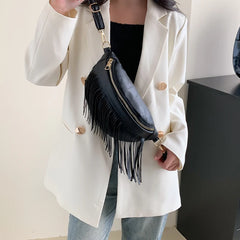 Tassel Leather Crossbody Chest Bag Large Capacity Women's Waist Bag