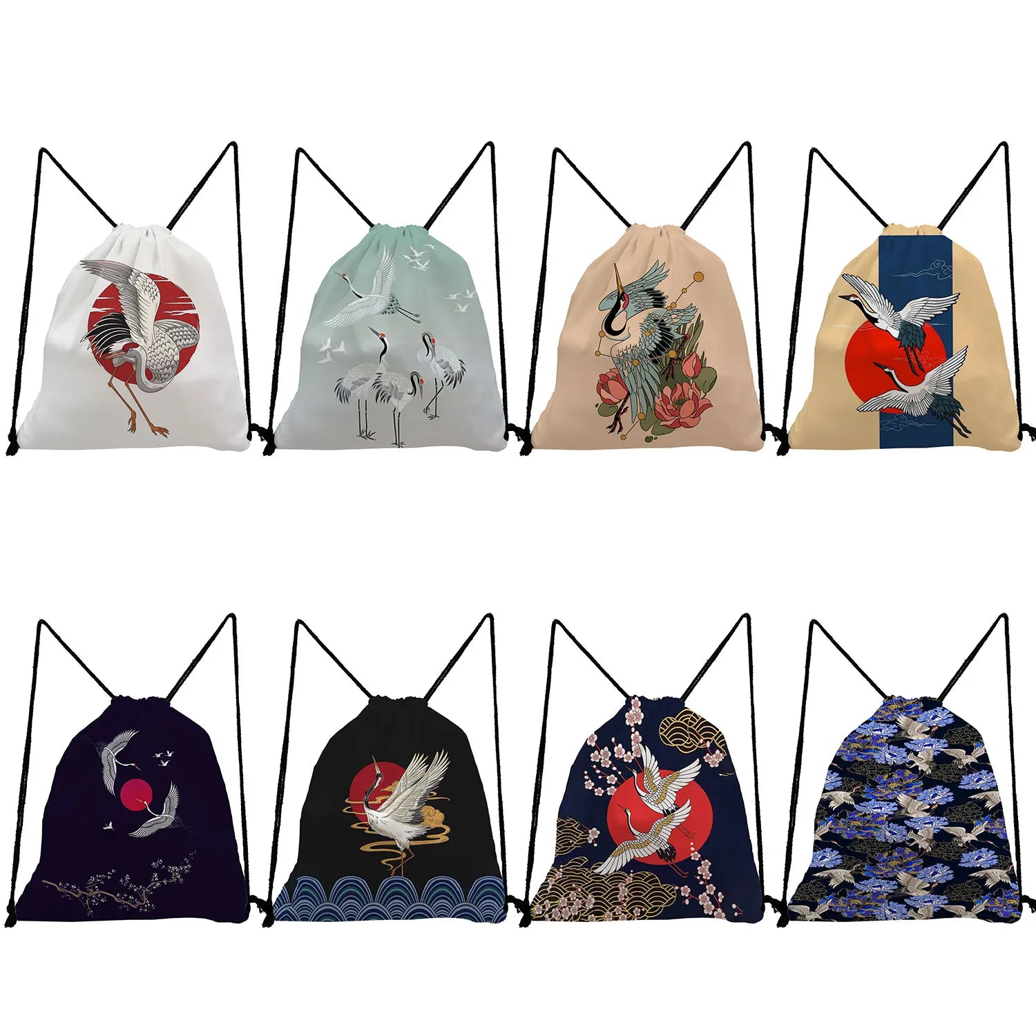 Japanese Style Drawstring Shoes Bag Floral Crane Bird Print Portable Backpack