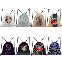 Japanese Style Drawstring Shoes Bag Floral Crane Bird Print Portable Backpack