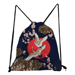 Japanese Style Drawstring Shoes Bag Floral Crane Bird Print Portable Backpack