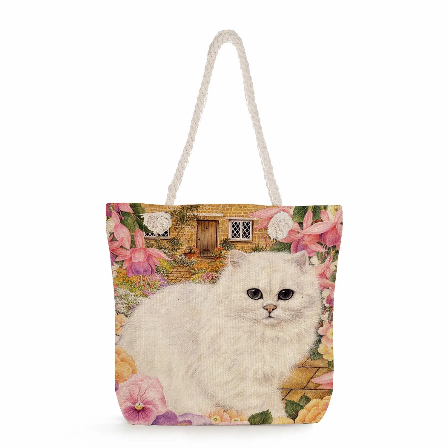 Floral Cat Printed Tote Bag for Women