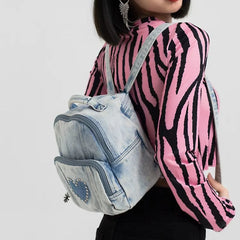 Quilted Denim Women Backpack Rhinestone Travel Bag Girls School Bags