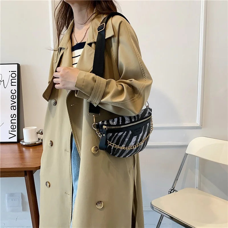 Stripe Printed PU Leather Fanny Pack for Women with Chain Strap