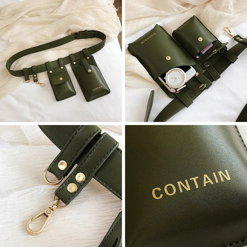 Green Leather Waist Bag for Women with Shoulder Belt