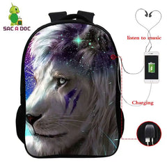 3D Lion Print USB Charging Backpack School Bag 16inch Laptop Travel