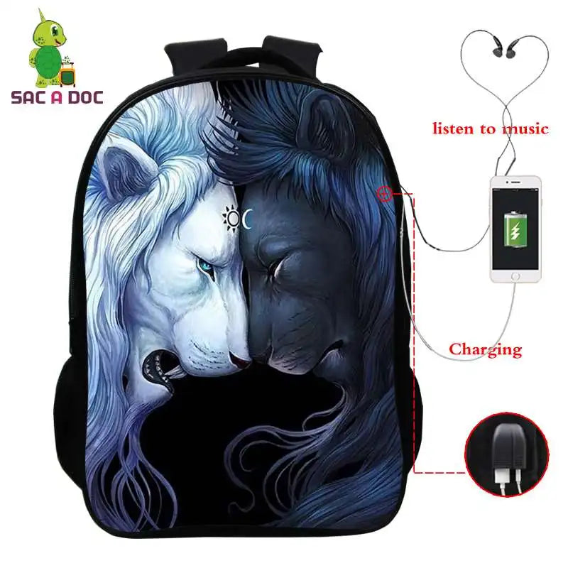 3D Lion Print USB Charging Backpack School Bag 16inch Laptop Travel
