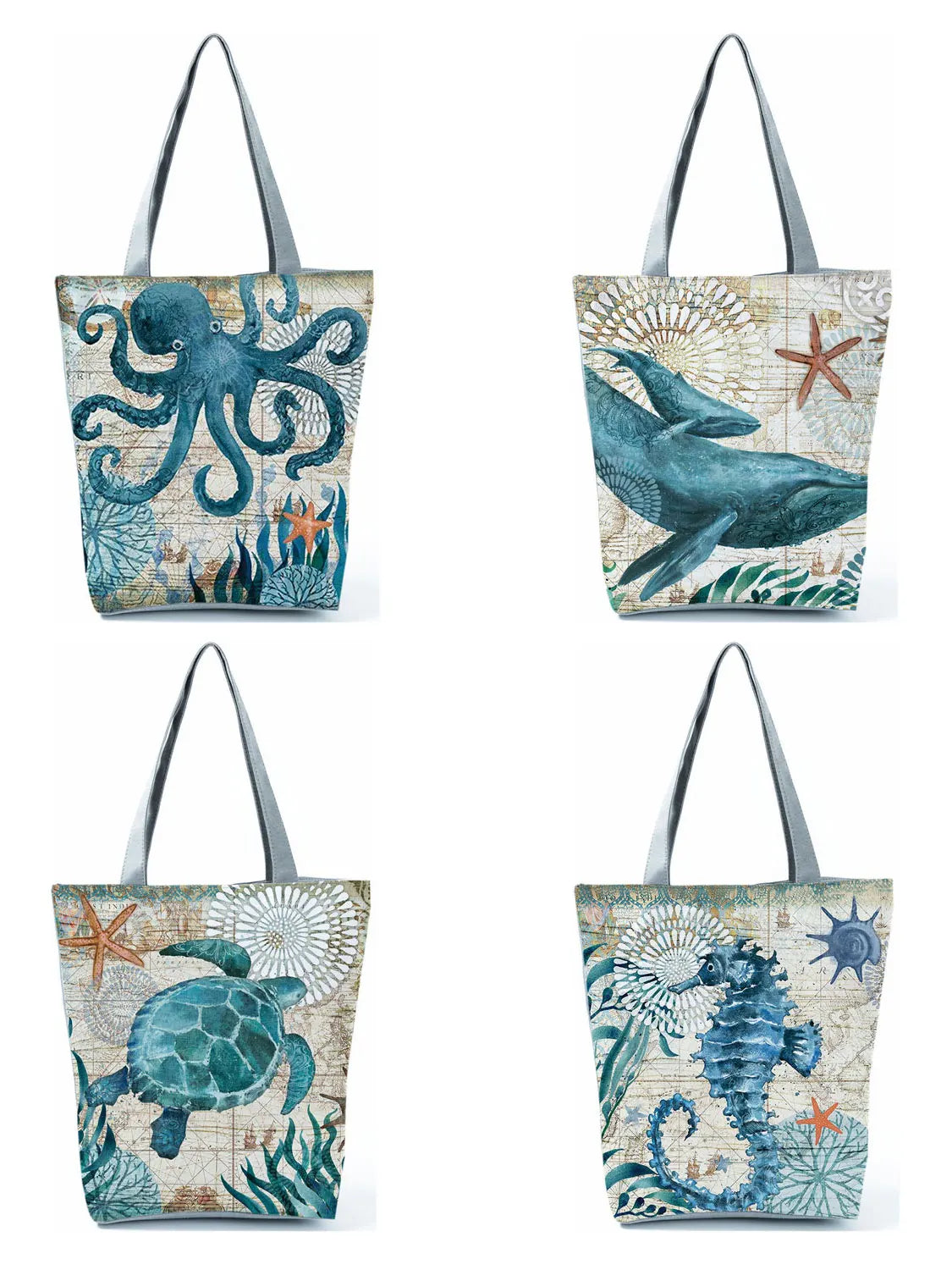 Ukiyoe Marine Organism Printed Tote Bag Large Women's Eco Shopper