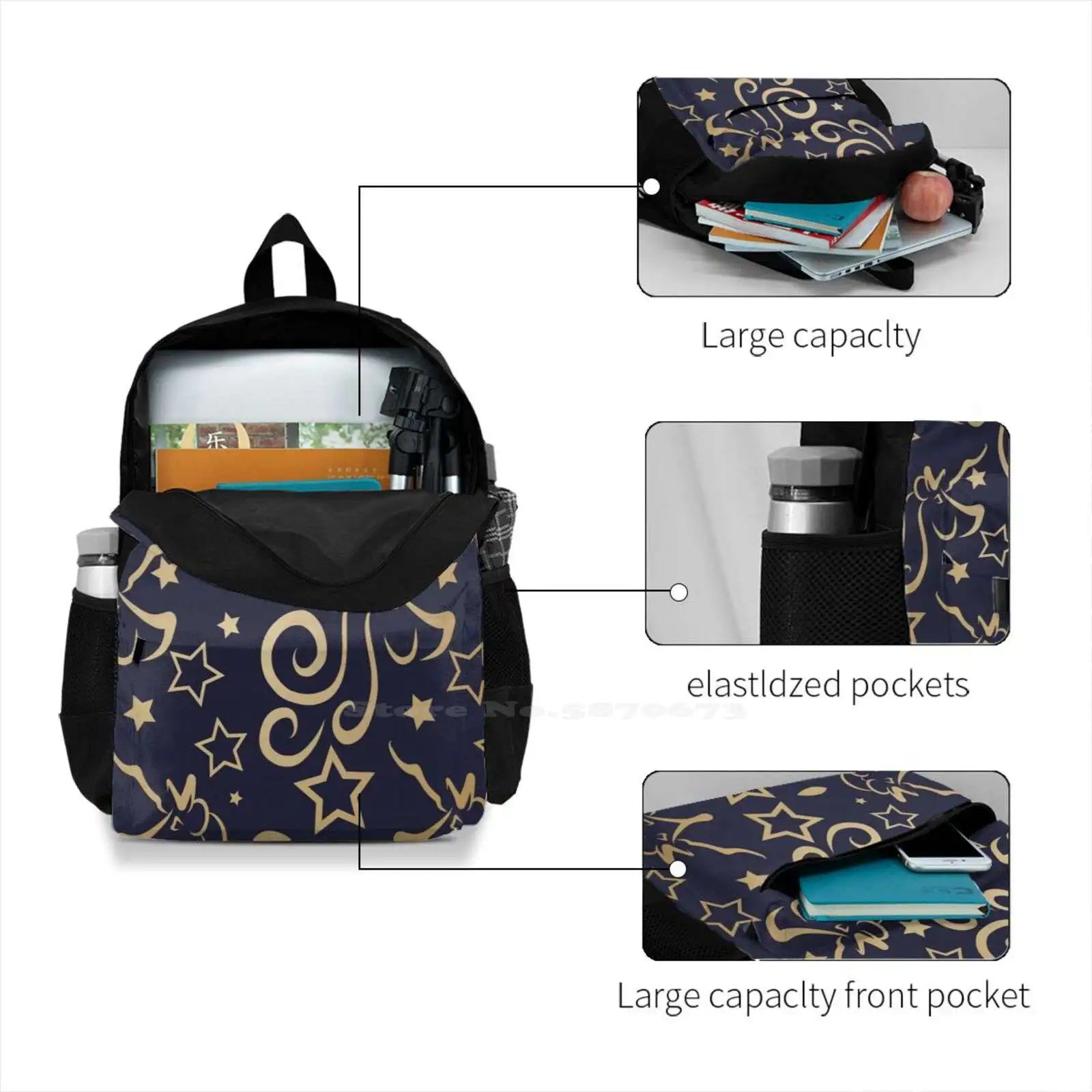 Unicorn Stars Navy Metallic School Bag Backpack Laptop 15 Inch