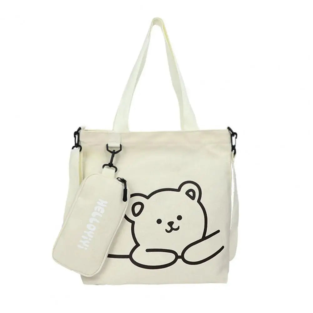 Bear Pattern Canvas Tote Bag Adjustable Strap Kids Crossbody Bag