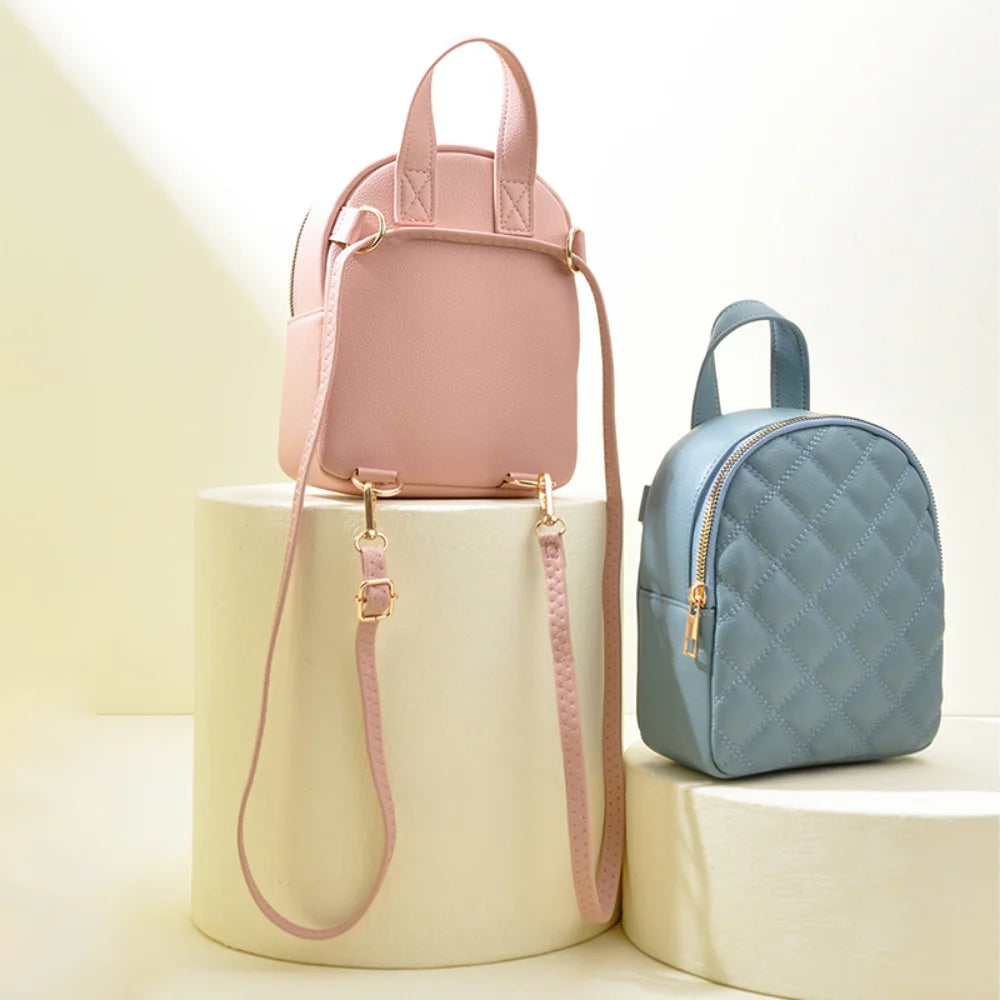 Vegan Leather Plaid Small Backpack Women Convertible Tote Daypack