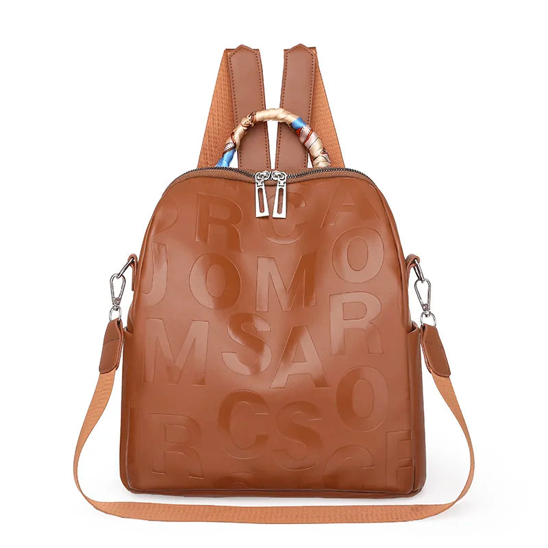 Backpacks Pu Leather Purpose Travel Women Shoulder Bag Letter Ribbon Daypack