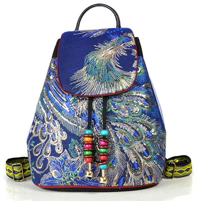 Peacock Sequins Embroidered Canvas Backpack Women Floral Rucksacks