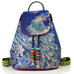 Peacock Sequins Embroidered Canvas Backpack Women Floral Rucksacks