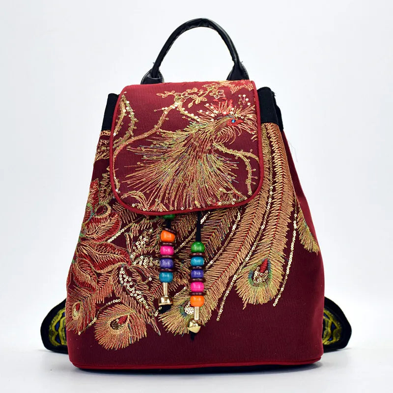 Peacock Sequins Embroidered Canvas Backpack Women Floral Rucksacks