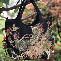 Peacock Embroidered Tote Bag for Women - Retro Casual Shopping Handbag