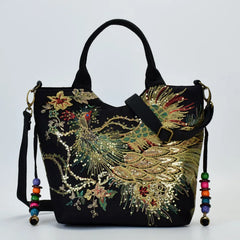 Peacock Embroidered Tote Bag for Women - Retro Casual Shopping Handbag