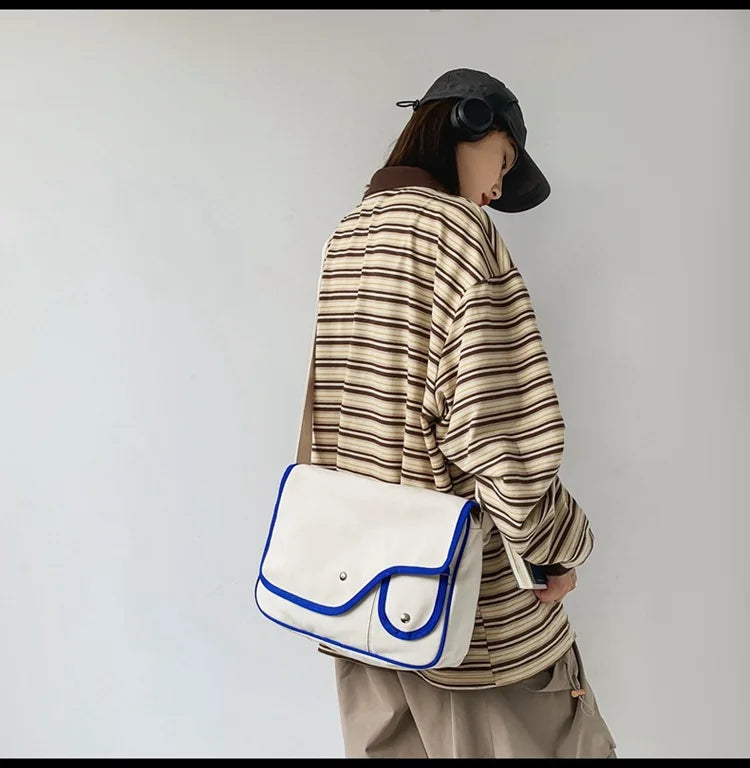 Women Canvas Bag Solid Shoulder Bag Girls Bookbag Student Messenger Bag