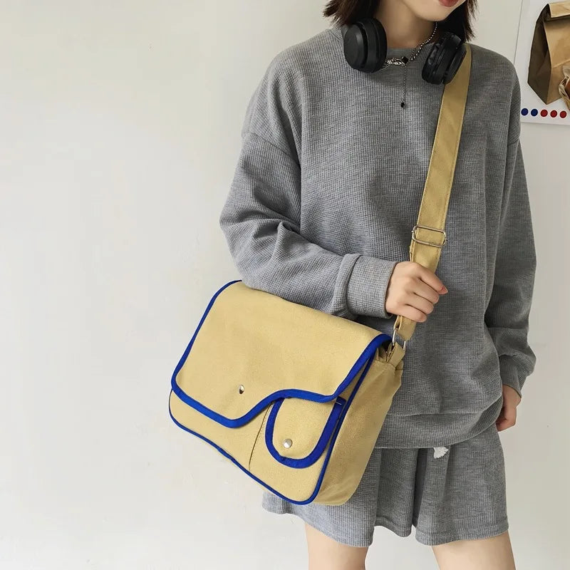 Women Canvas Bag Solid Shoulder Bag Girls Bookbag Student Messenger Bag