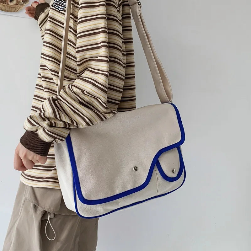 Women Canvas Bag Solid Shoulder Bag Girls Bookbag Student Messenger Bag