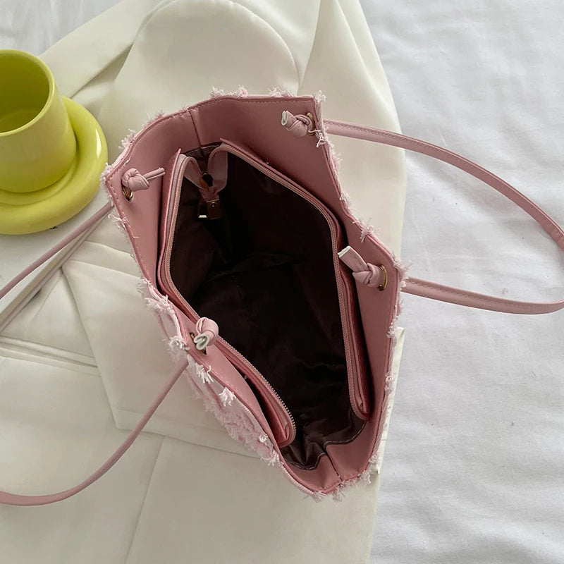 Leather And Cloth Handbag For Women All-Match Female Shoulder Bag