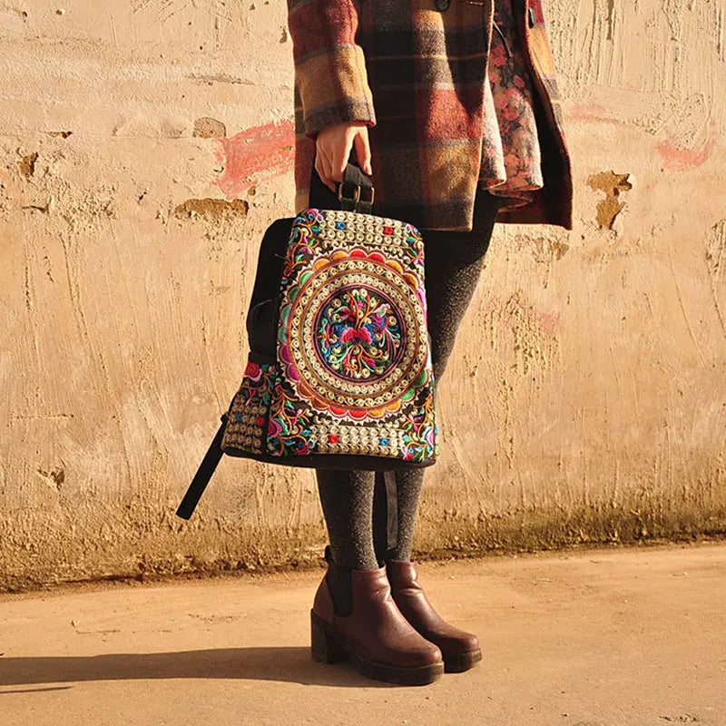 Vintage Embroidered Women Canvas Backpack Floral Rucksack Schoolbag