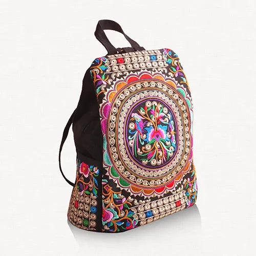 Vintage Embroidered Women Canvas Backpack Floral Rucksack Schoolbag