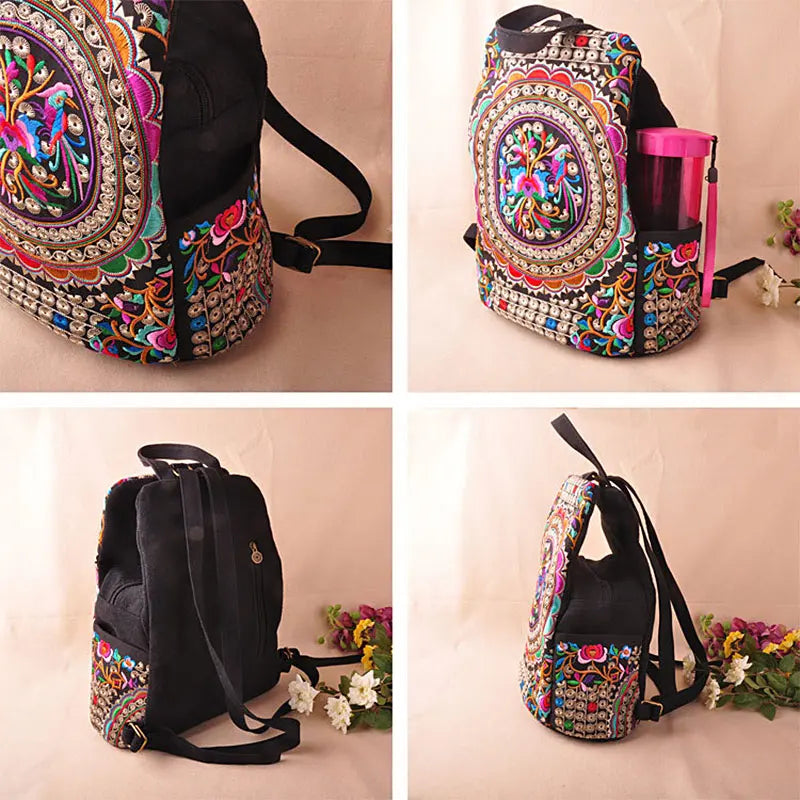 Vintage Embroidered Women Canvas Backpack Floral Rucksack Schoolbag