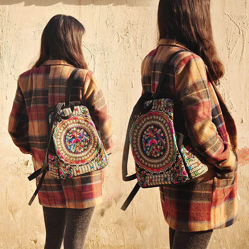 Vintage Embroidered Women Canvas Backpack Floral Rucksack Schoolbag