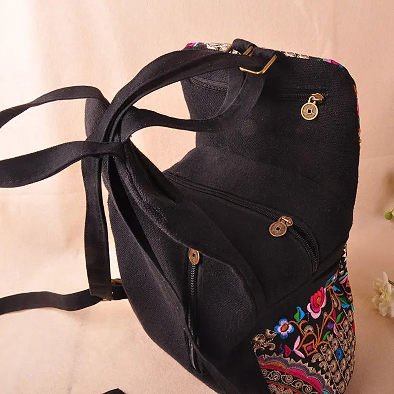 Vintage Embroidered Women Canvas Backpack Floral Rucksack Schoolbag
