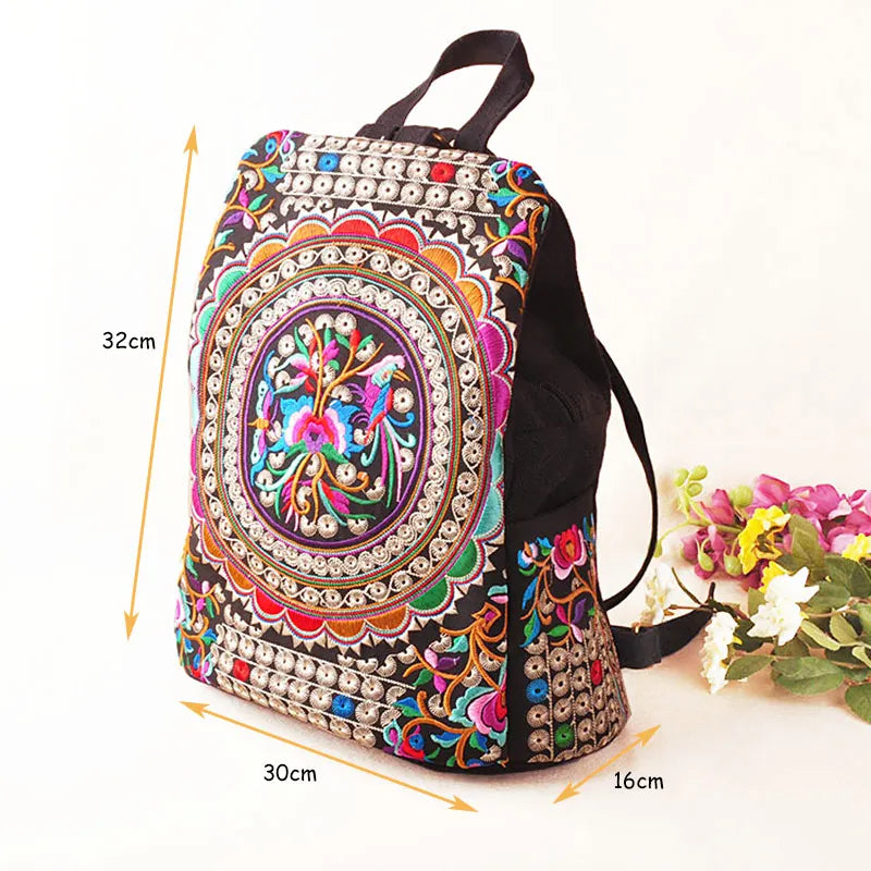 Vintage Embroidered Women Canvas Backpack Floral Rucksack Schoolbag