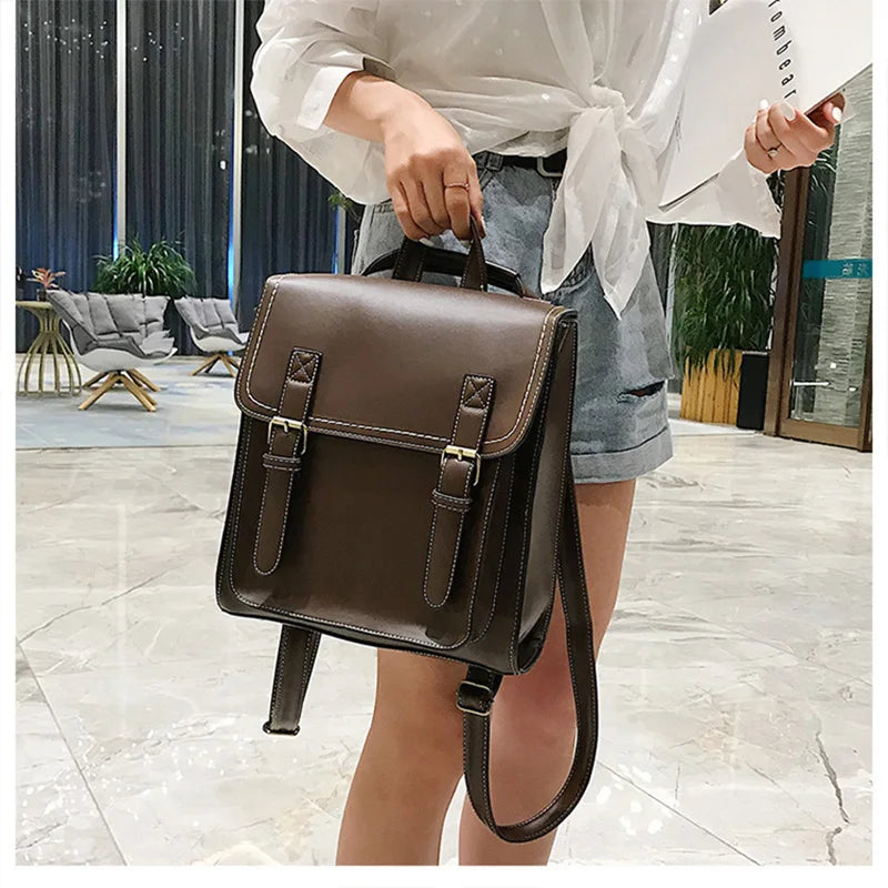 Vintage Leather Women Backpack School Bag for Girls