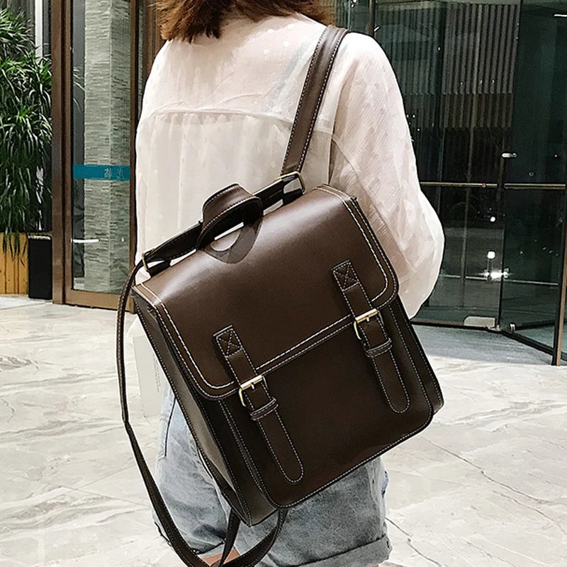 Vintage Leather Backpack for Girls High School Shoulder Bag