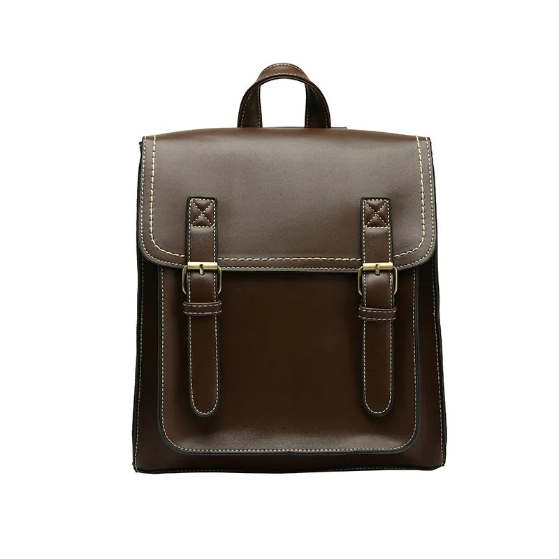 Vintage Leather Backpack for Girls High School Shoulder Bag