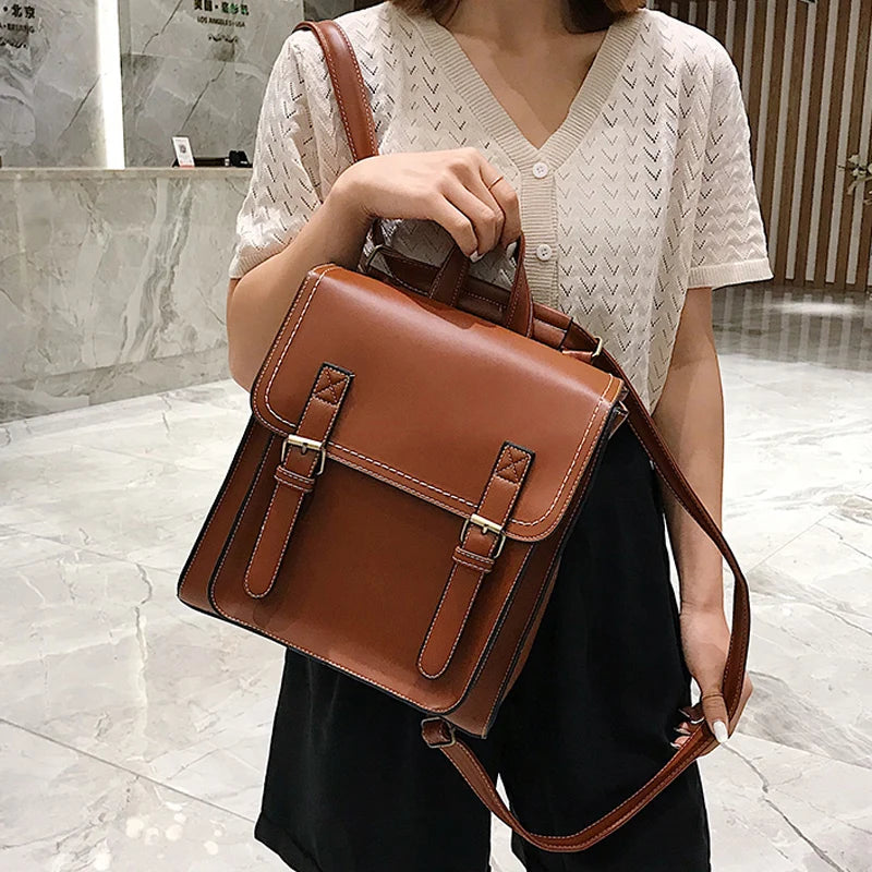 Vintage Leather Backpack for Girls High School Shoulder Bag