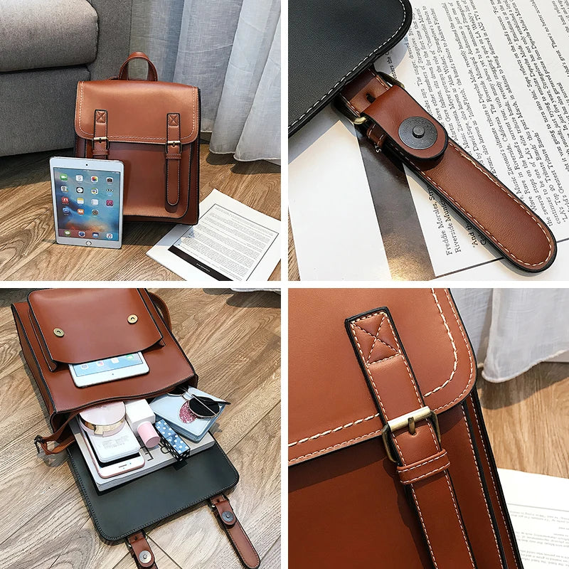 Vintage Leather Backpack for Girls High School Shoulder Bag