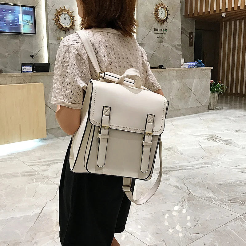 Vintage Leather Backpack for Girls High School Shoulder Bag