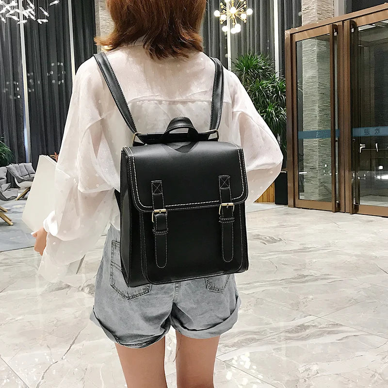 Vintage Leather Backpack for Girls High School Shoulder Bag