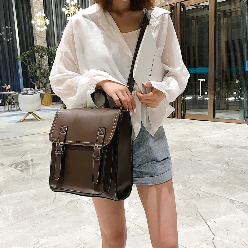 Vintage Leather Backpack for Girls High School Shoulder Bag