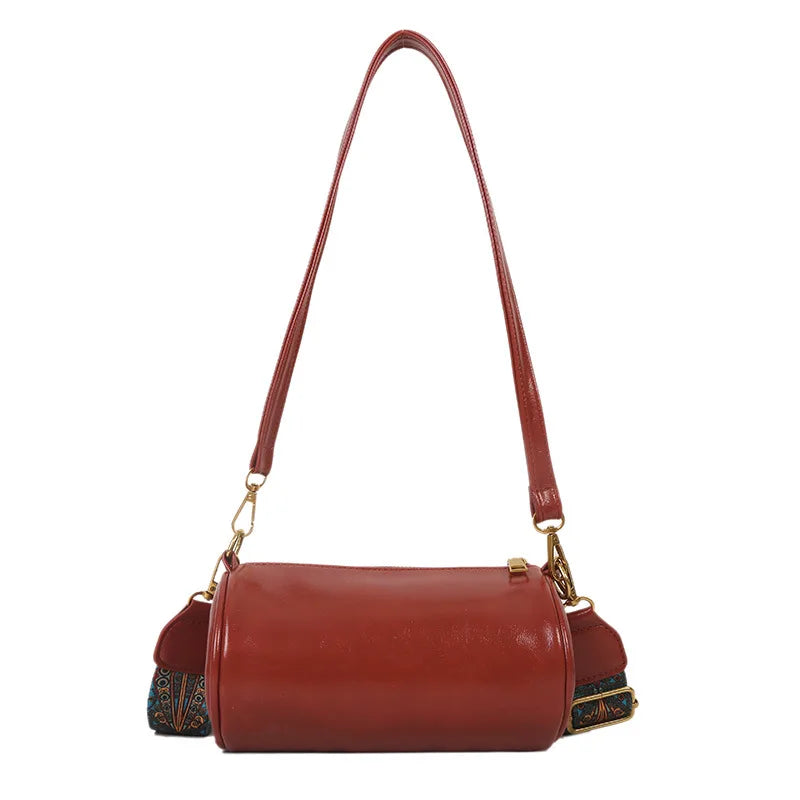 Vintage Barrel Shoulder Bag PU Leather Messenger Crossbody Purse Tote