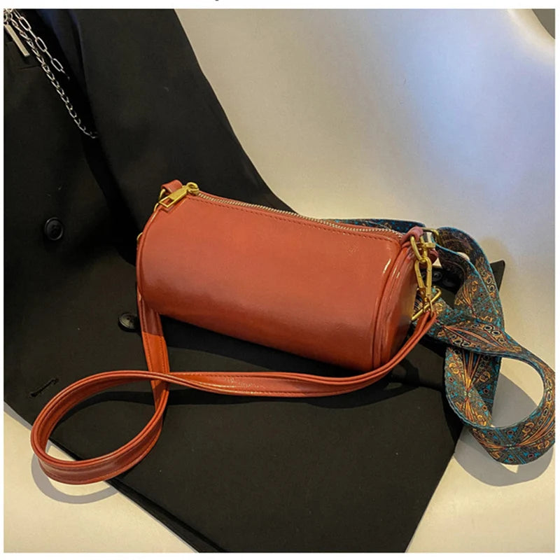 Vintage Barrel Shoulder Bag PU Leather Messenger Crossbody Purse Tote