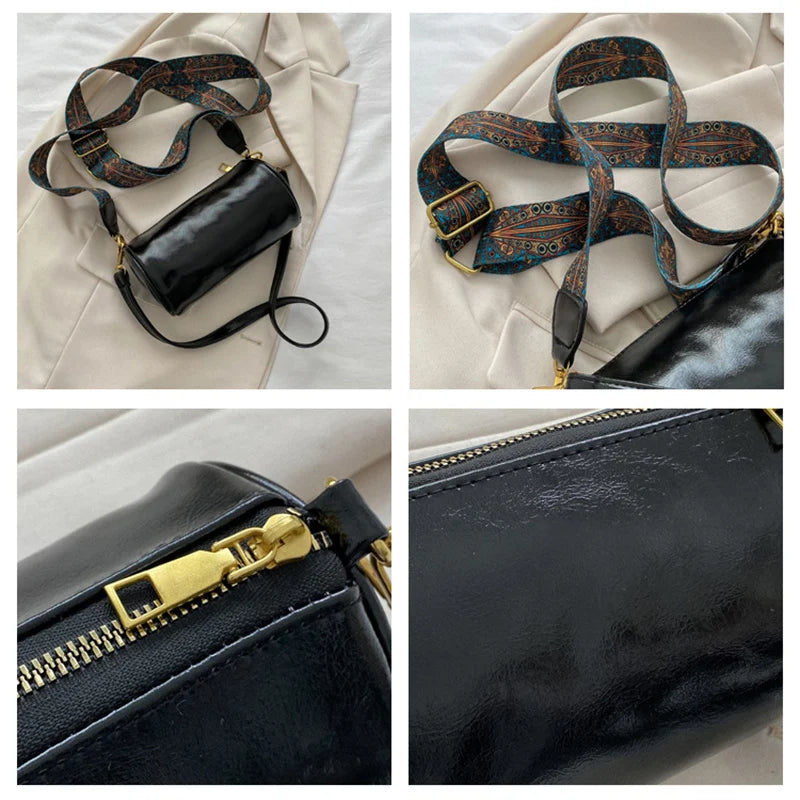 Vintage Barrel Shoulder Bag PU Leather Messenger Crossbody Purse Tote