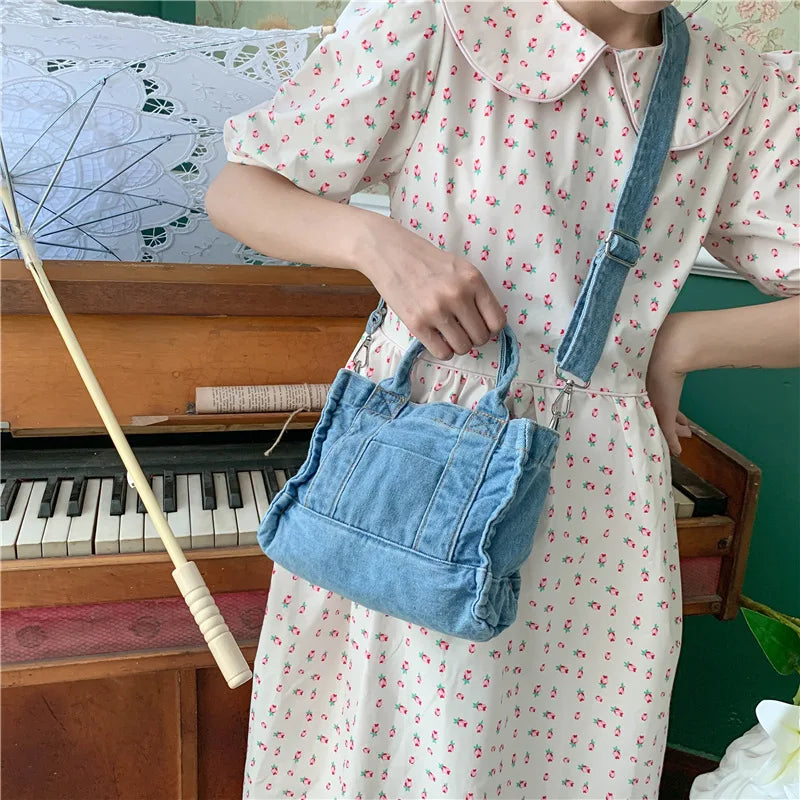 Vintage Washed denim Handbag Student Casual Book Pad Wallet Shoulder Bag