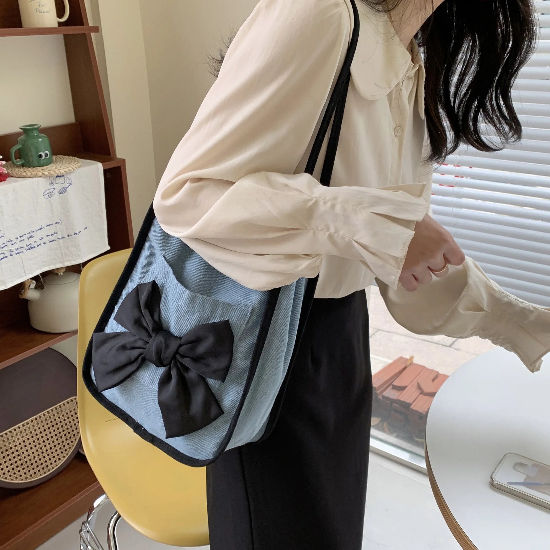 Vintage Bowknot Shoulder Bags for Women Soft Canvas Totes Handbags