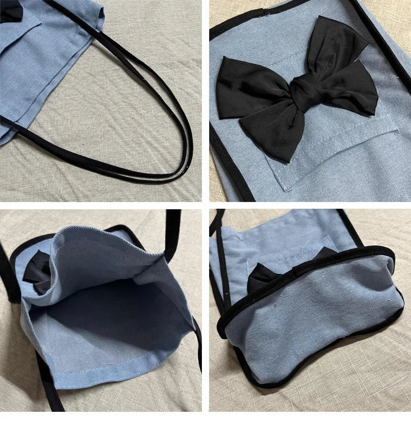 Vintage Bowknot Shoulder Bags for Women Soft Canvas Totes Handbags