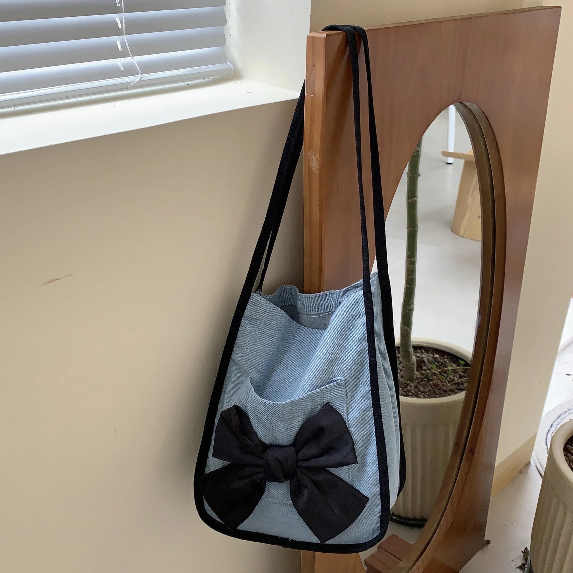 Vintage Bowknot Shoulder Bags for Women Soft Canvas Totes Handbags