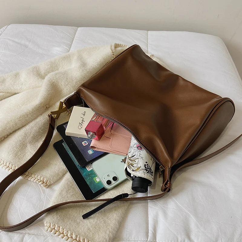 Vintage Brown Boston Shoulder Bags for Women Soft Leather Messenger Handbag