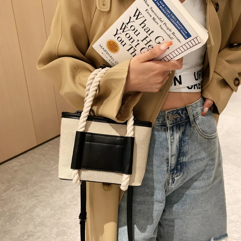 Vintage Canvas Pu Patchwork Small Bags Autumn Casual Women's Shoulder Bag
