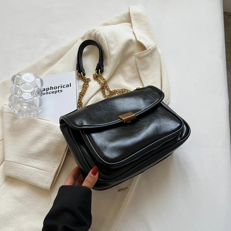Vintage Leather Chains Shoulder Bag for Women Armpit Handbag