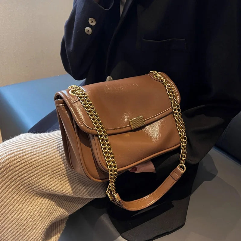 Vintage Leather Chains Shoulder Bag for Women Armpit Handbag